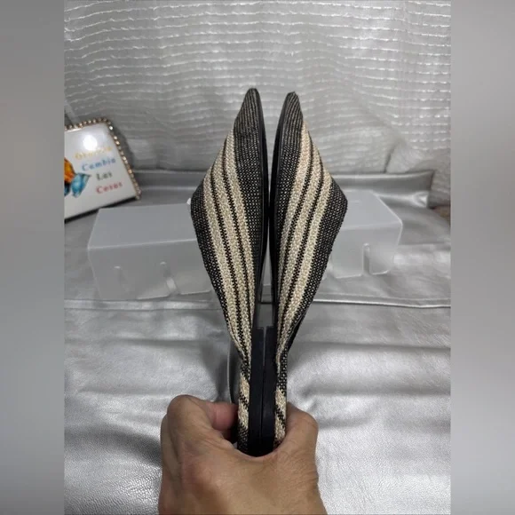 (Z1) Zara women's flat mules, size 39/8 US, ivory black, with shiny stripes - Picture 12 of 13